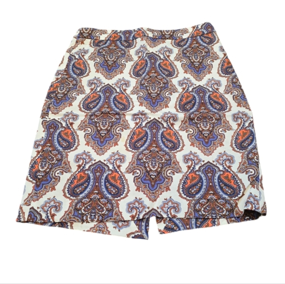 J. Crew‎ Blue and Orange Paisley Academia Pencil Stretch Skirt Size 0